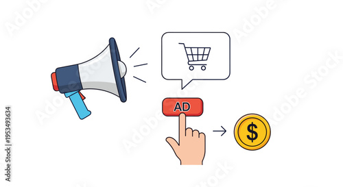 Digital advertising and monetization featuring a megaphone, an ad button click, shopping cart, and a dollar coin icon.
