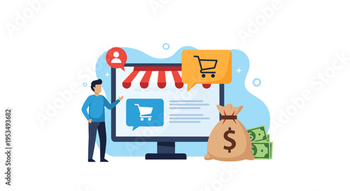 Ecommerce sales and profit concept showing a man next to a computer store interface, cart icons, and a sack of cash.