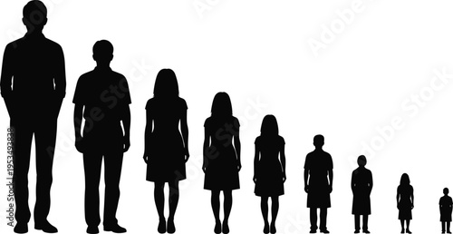 Human age progression silhouettes, life stages concept, growing from child to adult, family development, minimal black white vector illustration