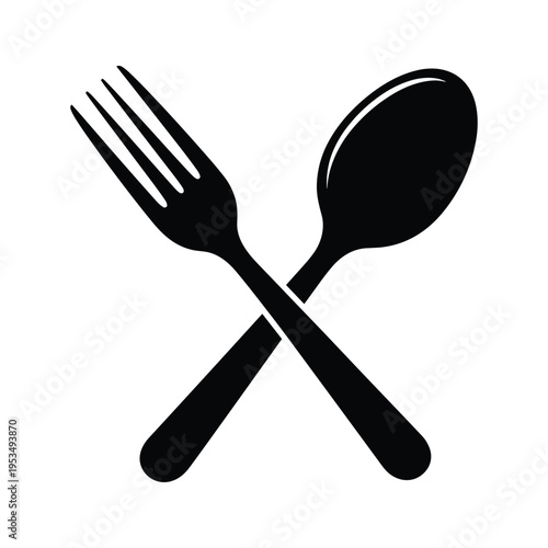 Simple Black Silhouette of Crossed Fork and Spoon on White Background