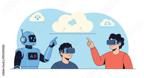 Human users and an intelligent robot wearing virtual reality headsets interacting with a digital cloud storage network.