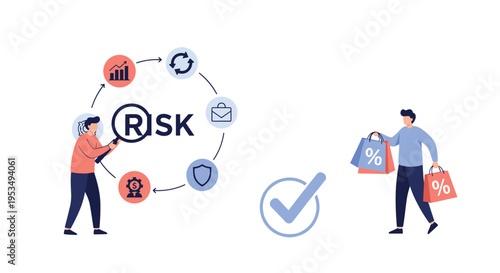 Analyst inspecting business risk factors with a magnifying glass while a consumer carries shopping bags with discount signs.