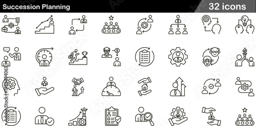 32 Succession Planning Icons Minimalist Line Art for Leadership Transition, Talent Development, and Corporate Career Pathing