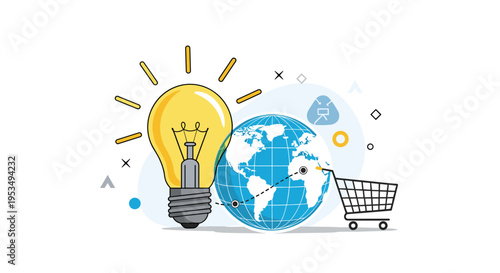 Innovative global shopping idea featuring a light bulb, a world globe with paths, and a retail shopping cart illustration.
