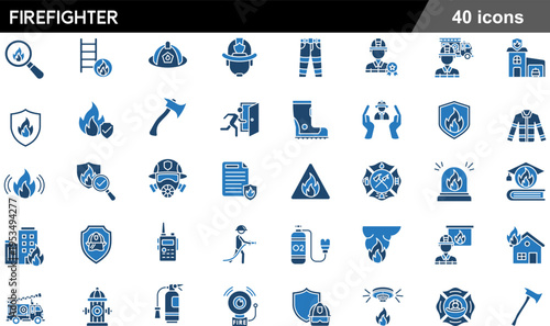 40 Firefighter Icons Duotone Blue Black Solid Set for Fire Safety, Emergency Response, and Rescue Equipment