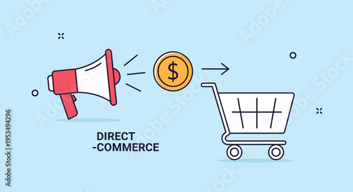 Direct commerce marketing concept with a megaphone directing a dollar coin towards a retail shopping cart on a blue background.