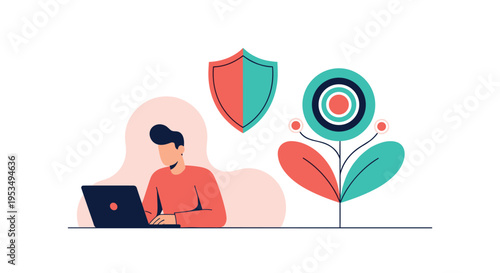 Professional man working on a laptop computer next to a security shield and a flower with a target center for focus.