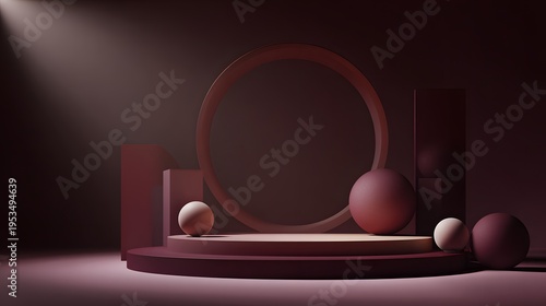 Minimalist 3D Stage with Geometric Shapes and Soft Lighting.