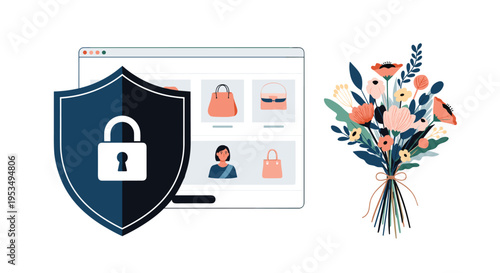 Secure online shopping experience showing a locked shield in front of a web store page and a beautiful bouquet of flowers.