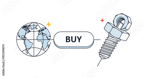 Global procurement concept showing a world globe icon, a buy button, and a large industrial metal bolt with a nut.