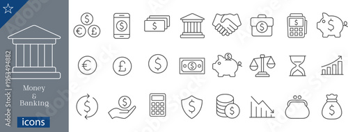 24 Money and Banking Icons Minimalist Line Art for Financial Services, Currency Management, and Economic Growth