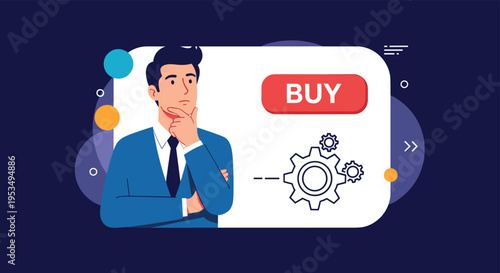 Businessman making a strategic purchase decision near a buy button and a gear system on a dark blue background.