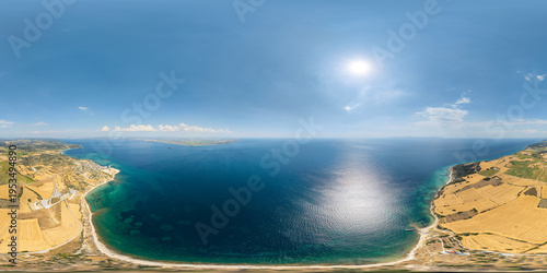 Wallpaper Mural Seddulbahir, Turkey. 360 spherical panorama from Mehmetcik Feneri lighthouse showing Cape Tekke, Dardanelles Strait, Aegean Sea, Helles Memorial and Seddulbahir Fortress. Panorama 360x180. Aerial view Torontodigital.ca