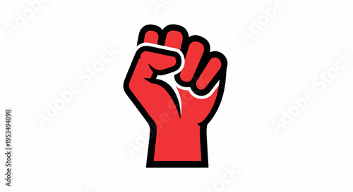 Raised red fist with black outline on white background, symbolizing protest or solidarity in a bold graphic style.