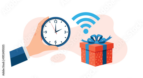 Timely gift delivery service shown with a hand holding a clock next to a wireless wifi symbol and a red gift box.