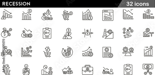 32 Recession Icons Minimalist Outline Line Art for Economic Downturn, Market Decline, and Financial Instability