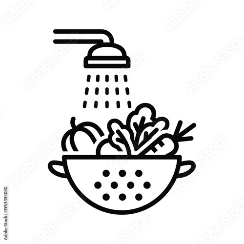 Washing fresh vegetables in a colander under a shower icon