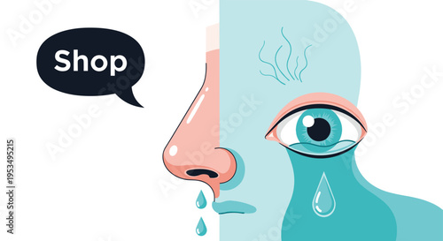 Allergy and common cold symptoms illustration showing a person with runny nose and watery eyes next to a shop bubble.