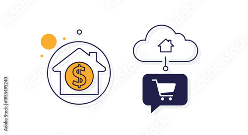 Real estate investment and online property search concept featuring digital house icons and commercial shopping cart symbol.