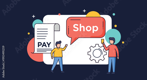Customer service and payment processing in retail business with people interacting near shop bubble and payment icons.