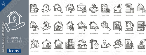 32 Outline Property Business Icons Real Estate Transactions, Home Management and Property Development Set for Mortgage, Rental and Appraisal