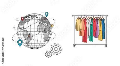 Global fashion supply chain and international garment trade concept with world globe and clothing rack illustration.