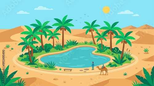 A tranquil flat design illustration of a desert oasis, featuring lush date palm trees surrounding a serene water pool, symbolizing life and refuge.