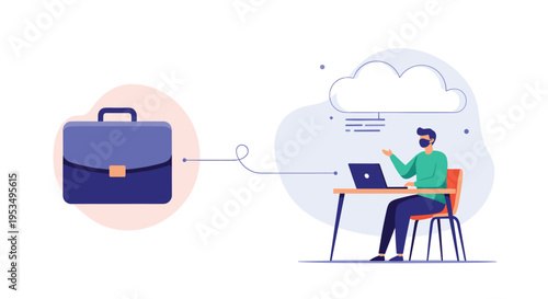 Remote work and cloud computing professional concept featuring man with mask working on laptop and briefcase icon.