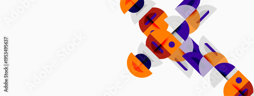 Abstract geometric shapes overlap, creating dynamic visual composition. Orange, purple hues dominate white background. Modern design.