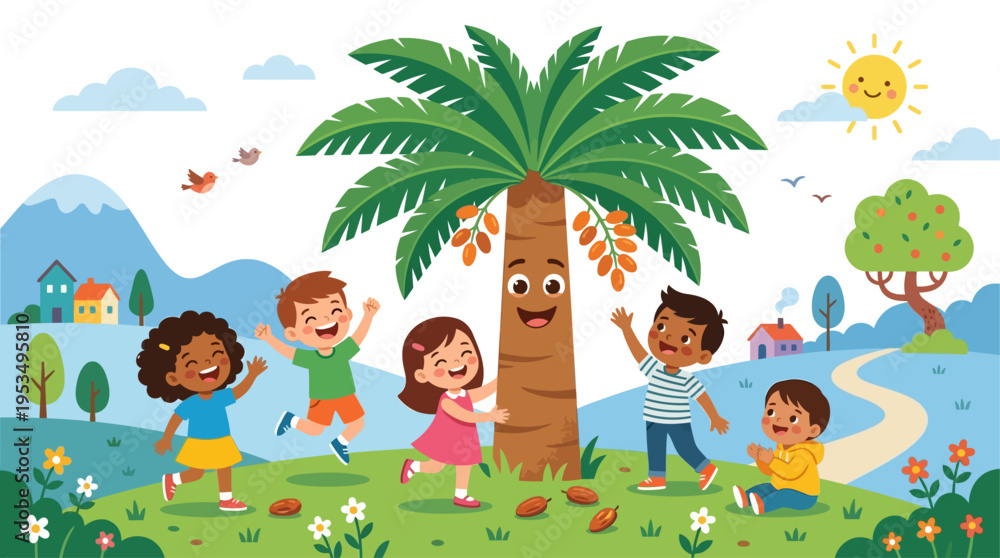Naklejka premium A cheerful flat design illustration for children, depicting a friendly, anthropomorphic date palm tree interacting playfully with happy kids. 