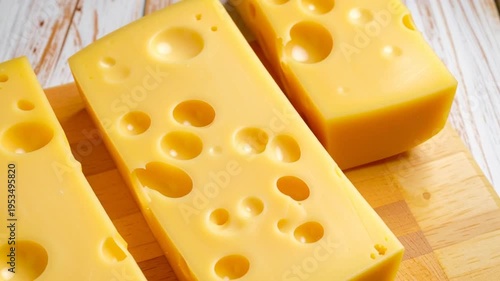 Swiss cheese blocks on wood.