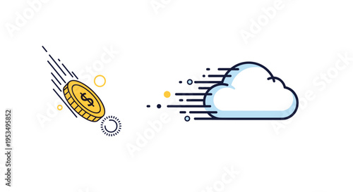 Cloud storage costs and digital finance transfer concept with currency coin moving towards cloud icon illustration.