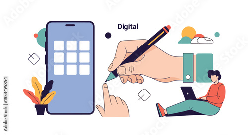 Digital signature and mobile technology adoption concept with smartphone large writing hand and person with laptop.