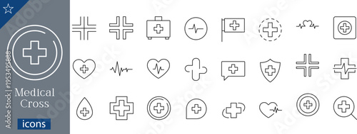 24 Outline Medical Cross Icons Healthcare, Emergency and Clinical Care Symbol Set for First Aid, EKG Pulse and Protection