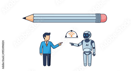 Human robot collaboration and creative technology integration concept featuring man robot and long pencil illustration.