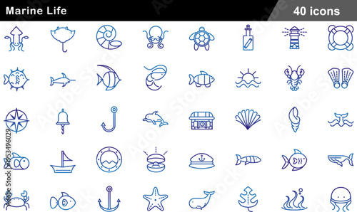 40 Outline Marine Life and Nautical Icons Blue to Purple Gradient Set of Sea Creatures, Boats, Anchors and Ocean Symbols