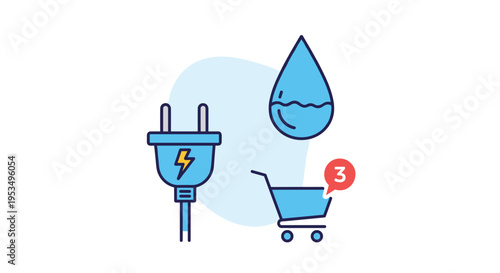 Utility bills and household expense management concept with electricity plug water drop and shopping cart icons.
