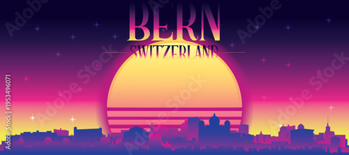 Purple generic retro futuristic synthwave panoramic poster of the city skyline with misty background sunset buildings of BERN, SWITZERLAND