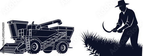 Agricultural Combine Harvester Silhouette Beside Farmer with Sickle agriculture farming
