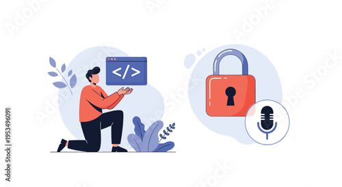 Software security and voice authentication development concept with programmer and secure lock microphone icons.