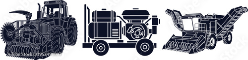Tractor With Rotary Tiller, Generator, And Combine Harvester Silhouette agriculture