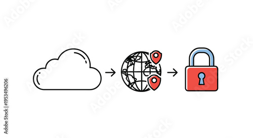 Global cloud security and international data protection concept with world globe location pins and lock icons.