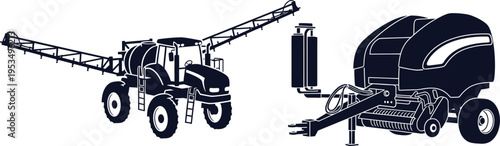 Dark blue silhouette of a self-propelled sprayer and a round baler agriculture farming