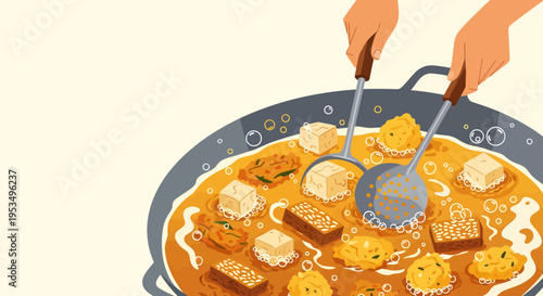 Close up illustration of frying various Indonesian traditional fritters (Gorengan) like tofu, tempeh, and bakwan in a hot pan with cooking oil.