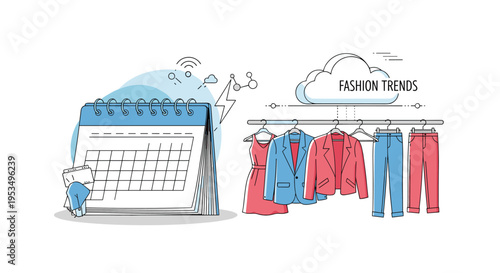 Seasonal fashion planning and clothing inventory management concept with calendar and retail garment rack illustration.