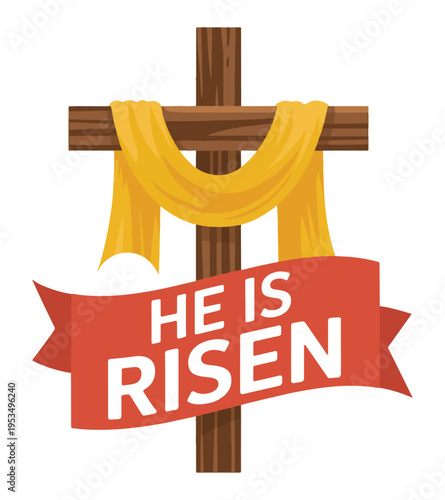 Easter Cross with He Is Risen Banner on White Background