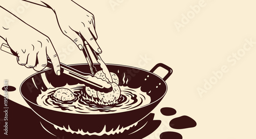 Close up illustration of frying street food fritters in a wok with tongs, vintage vector style