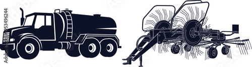 Dark blue silhouette of a tanker truck and a hay rake on a white background water truck liquid transport