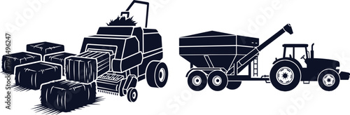 Dark blue silhouette of a tractor pulling a grain cart and a baler with hay bales agriculture