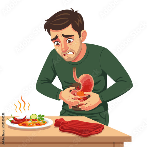 Man experiencing stomach pain and heartburn after eating spicy food